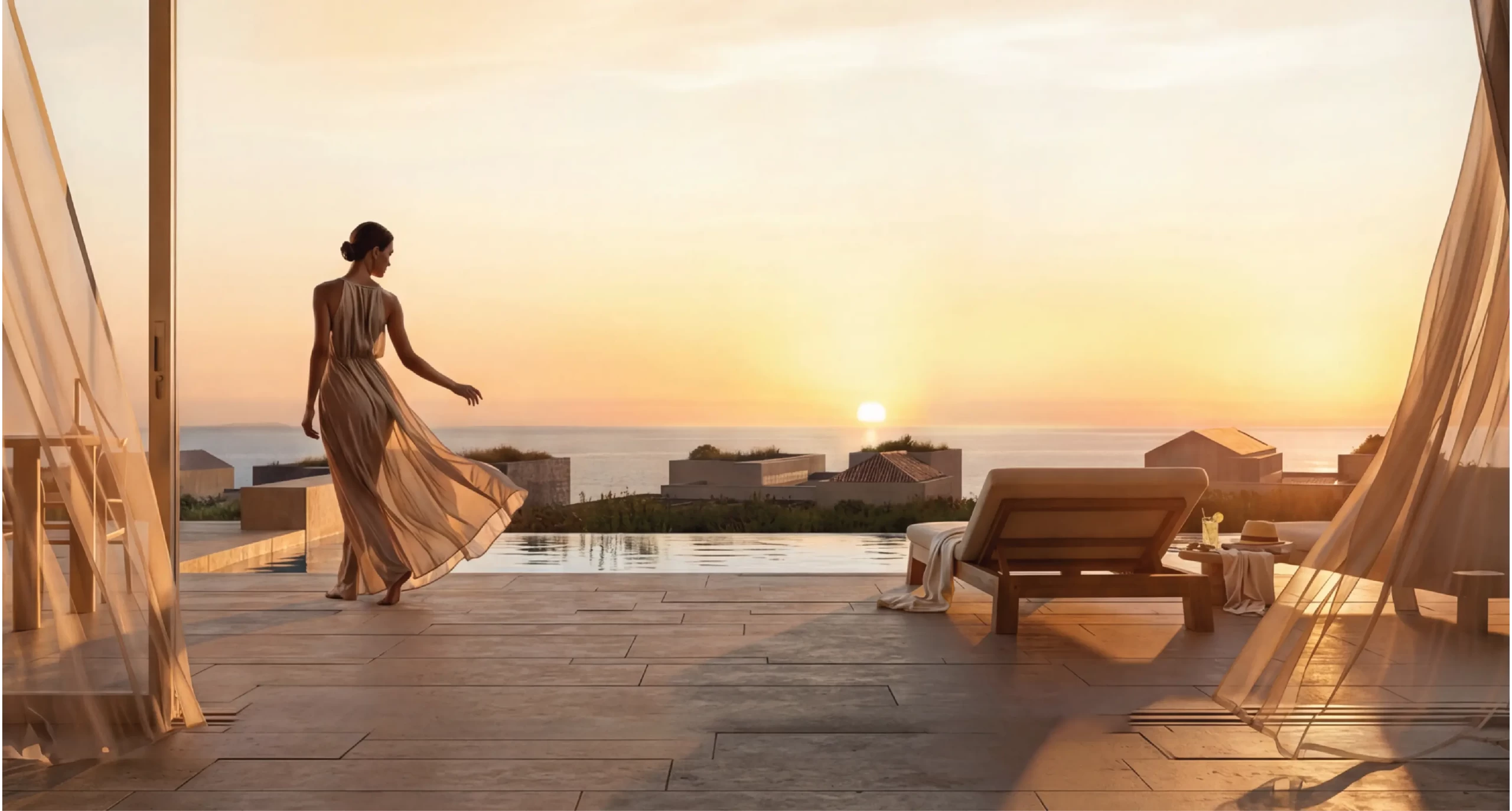 Green Coast villa terrace at sunset